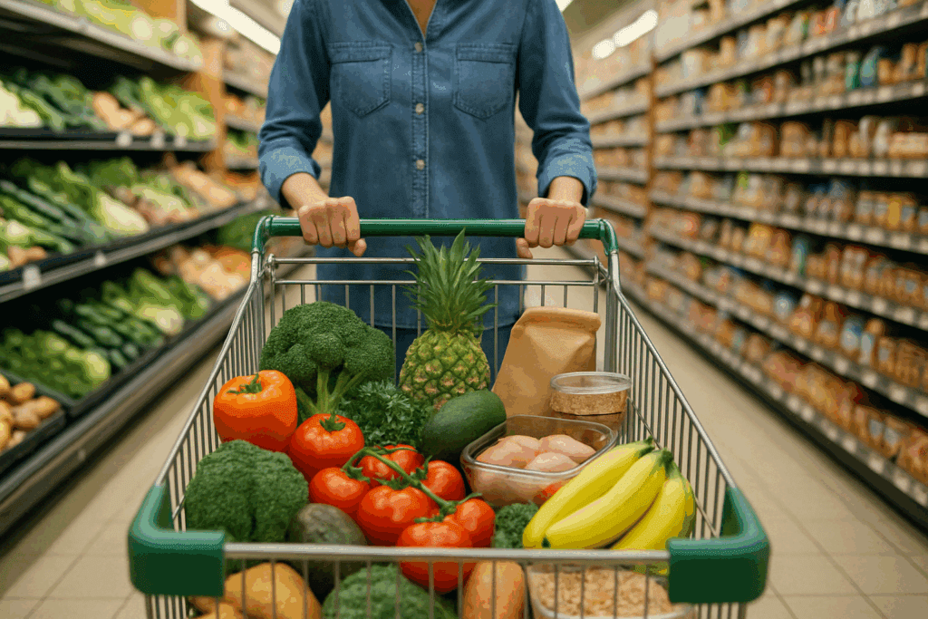 Zero Sugar, Full Nutrition: Expert-Approved No Sugar Meal Plan with a Complete List of Sugar Free Foods 5 Person pushing a grocery cart filled with whole foods like fresh produce, grains, and proteins while avoiding processed aisles, illustrating a no sugar meal plan.