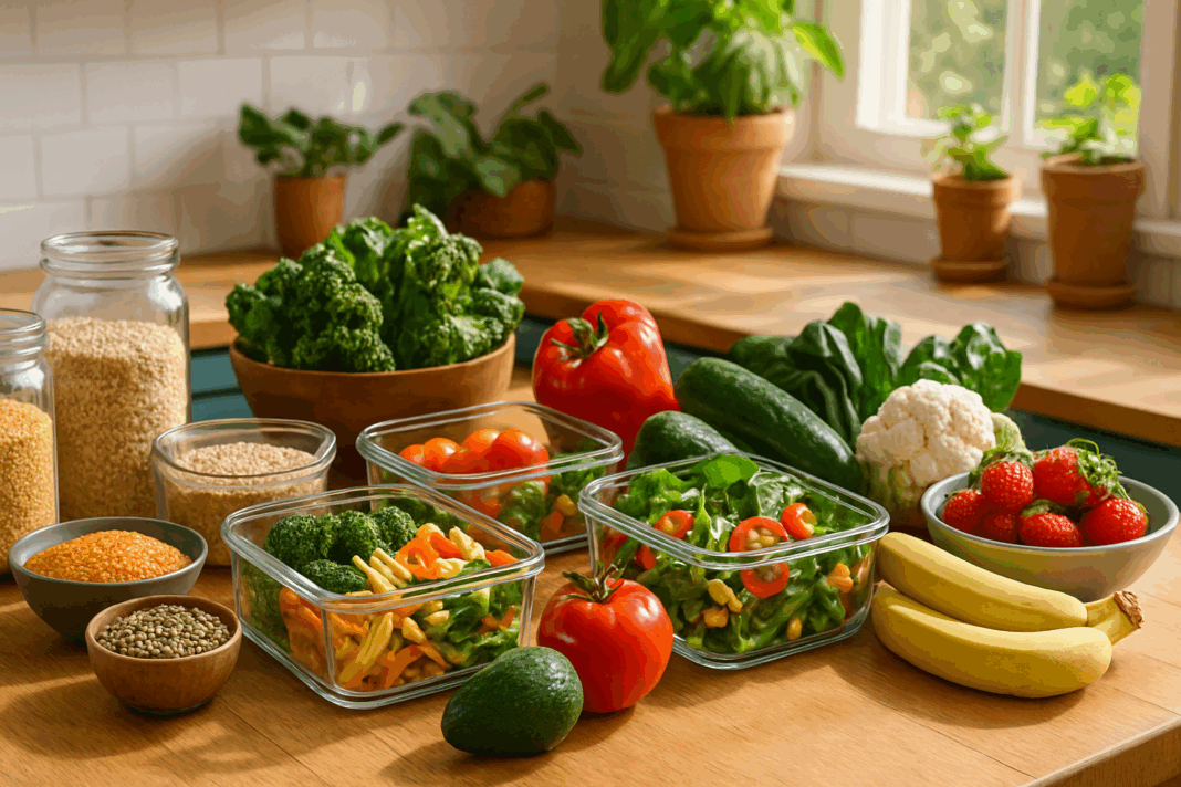 Colorful budget vegan meal prep setup with grains, lentils, leafy greens, fresh fruits, vegetables, and reusable containers on a wooden kitchen counter under natural sunlight.