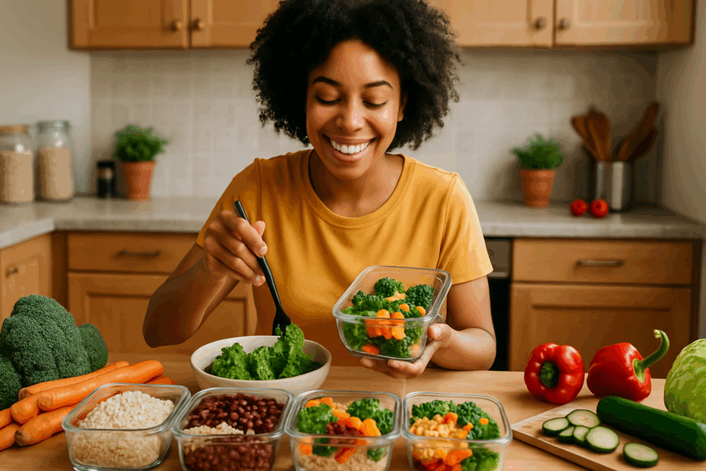 The Ultimate Guide to Budget Vegan Meal Prep for a Healthier, Plant-Based Lifestyle 1 Smiling woman preparing budget vegan meal prep with containers of rice, beans, broccoli, carrots, and fresh vegetables in a bright kitchen