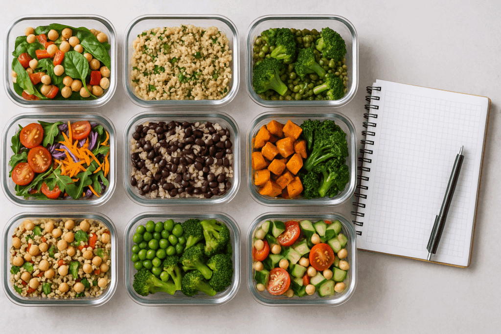 The Ultimate Guide to Budget Vegan Meal Prep for a Healthier, Plant-Based Lifestyle 2 Neatly organized budget vegan meal prep with colorful salads, grains, legumes, and a meal planning notebook on a marble countertop