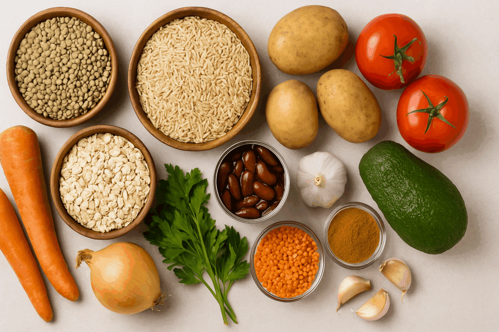 The Ultimate Guide to Budget Vegan Meal Prep for a Healthier, Plant-Based Lifestyle 3 Vegan pantry staples like lentils, oats, brown rice, canned beans, spices, and vegetables arranged for budget vegan meal prep