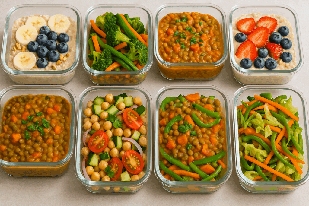 The Ultimate Guide to Budget Vegan Meal Prep for a Healthier, Plant-Based Lifestyle 5 Colorful budget vegan meal prep featuring lentil stews, chickpea salads, vegetable stir-fries, and overnight oats in glass containers.