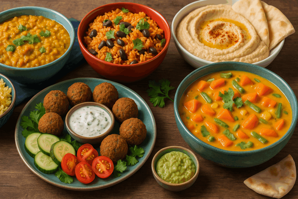 The Ultimate Guide to Budget Vegan Meal Prep for a Healthier, Plant-Based Lifestyle 6 Colorful buffet table with Indian dal, Mexican rice and beans, Thai coconut curry, and Middle Eastern falafel showcasing budget vegan meal prep.