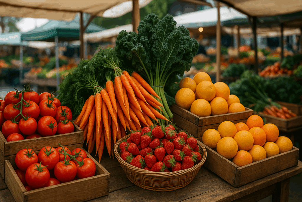 The Ultimate Guide to Budget Vegan Meal Prep for a Healthier, Plant-Based Lifestyle 7 Farmers market stall with tomatoes, carrots, kale, strawberries, and citrus fruits perfect for budget vegan meal prep.