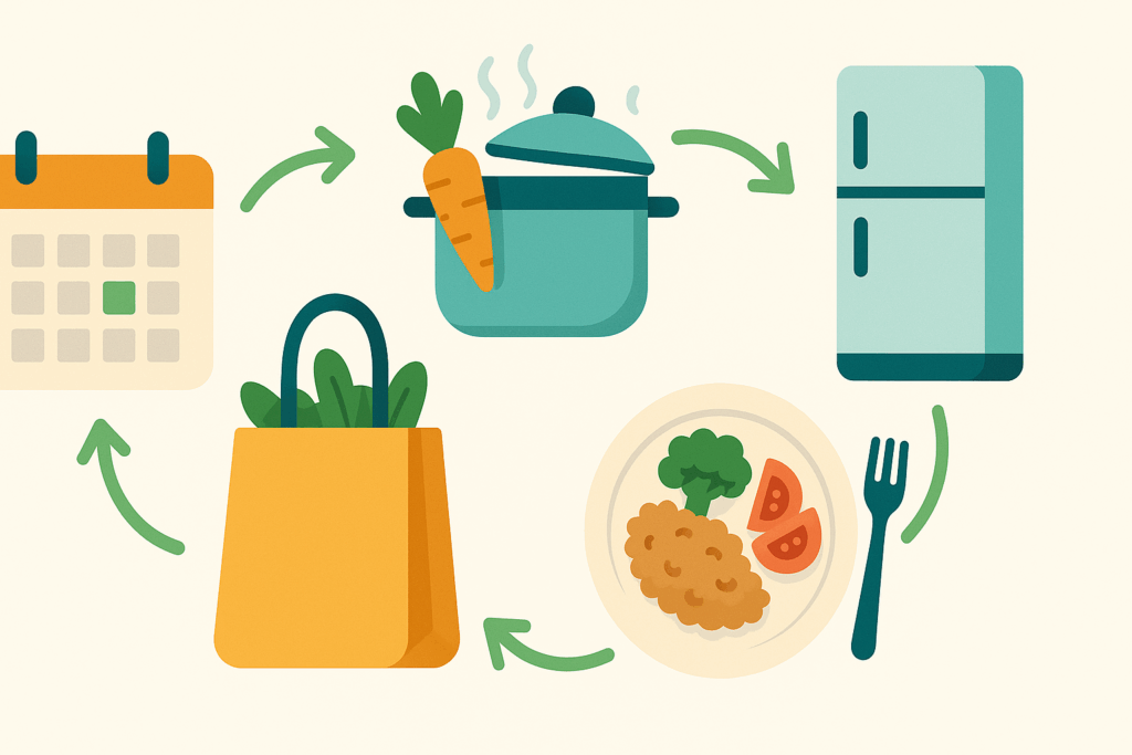 The Ultimate Guide to Budget Vegan Meal Prep for a Healthier, Plant-Based Lifestyle 4 Infographic showing budget vegan meal prep cycle with colorful icons of a calendar, shopping bag, cooking pot, refrigerator, and healthy meal plate.