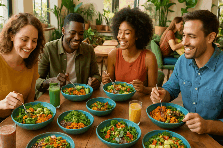 Friends enjoying good vegetarian food near you at a cozy plant-based restaurant with colorful salads, grain bowls, and smoothies.