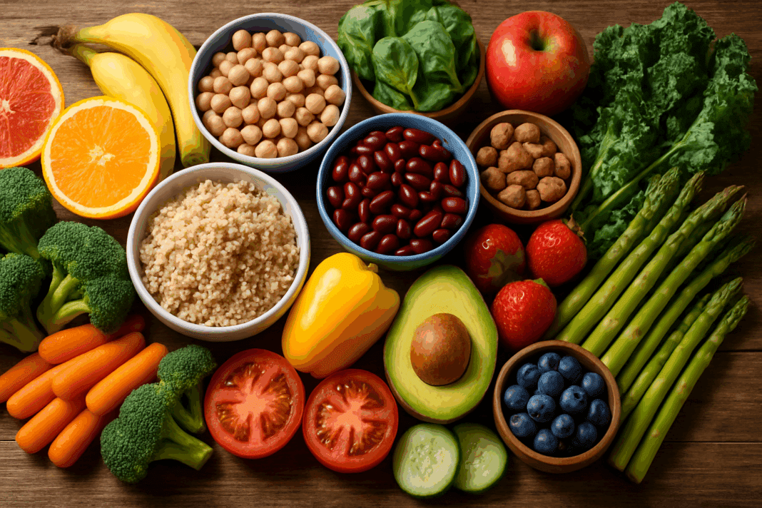 Colorful plant-based ingredients including quinoa, legumes, fruits, and vegetables arranged on a rustic table as part of a healthy meal plan