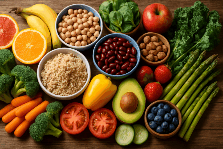 Colorful plant-based ingredients including quinoa, legumes, fruits, and vegetables arranged on a rustic table as part of a healthy meal plan