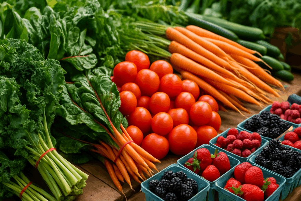 The Ultimate Healthy Meal Plan Guide for a Vibrant Plant-Based Lifestyle 1 Fresh produce at a farmers market including leafy greens, tomatoes, carrots, and berries, ideal for a healthy meal plan