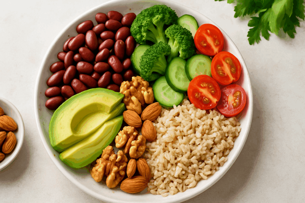 The Ultimate Healthy Meal Plan Guide for a Vibrant Plant-Based Lifestyle 2 Balanced plant-based plate with legumes, whole grains, vegetables, avocado, and nuts for a healthy meal plan