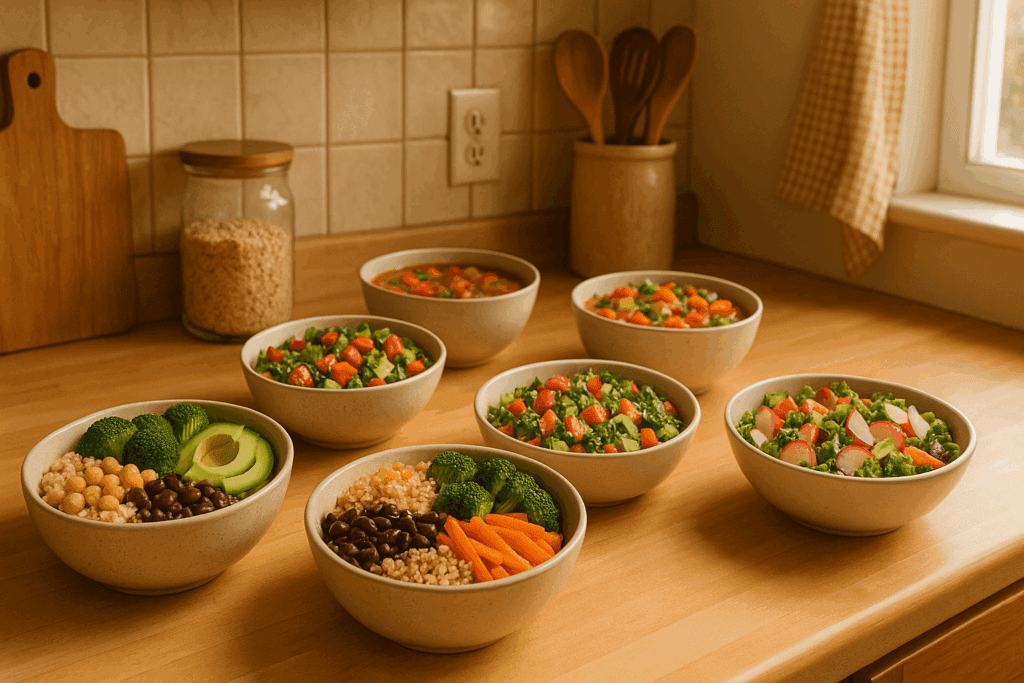 The Ultimate Healthy Meal Plan Guide for a Vibrant Plant-Based Lifestyle 4 Cozy kitchen counter with colorful grain bowls, fresh salads, and vegetable soups arranged as part of a healthy meal plan.