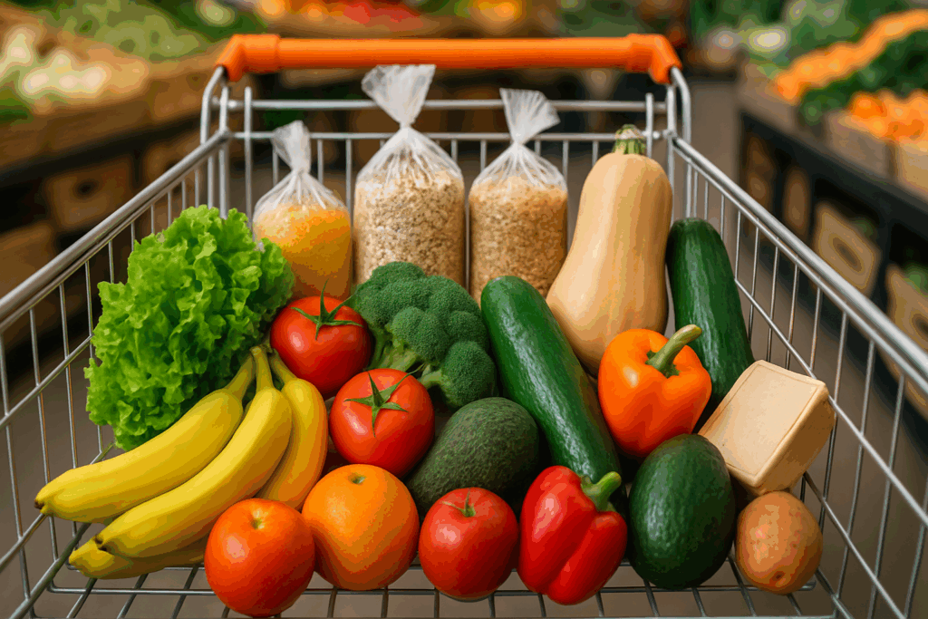 The Ultimate Healthy Meal Plan Guide for a Vibrant Plant-Based Lifestyle 3 Grocery cart filled with fresh fruits, vegetables, grains, and plant-based foods, illustrating smart shopping for a healthy meal plan