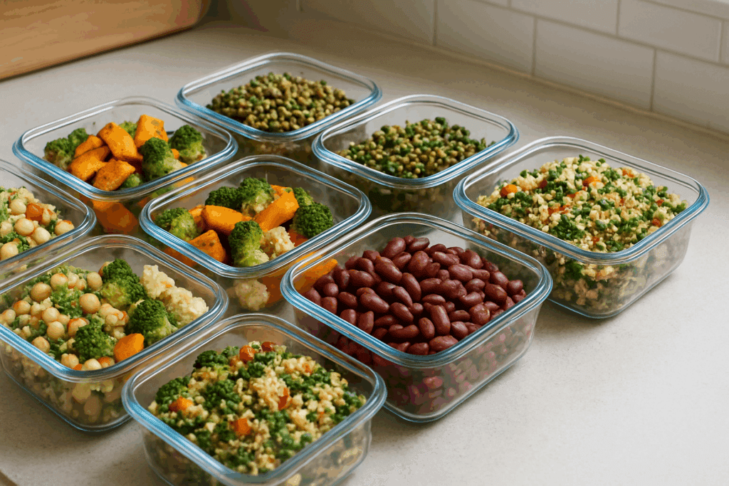 The Ultimate Healthy Meal Plan Guide for a Vibrant Plant-Based Lifestyle 6 Meal prep containers filled with vibrant quinoa salads, roasted vegetables, and legumes organized on a kitchen counter for a healthy meal plan