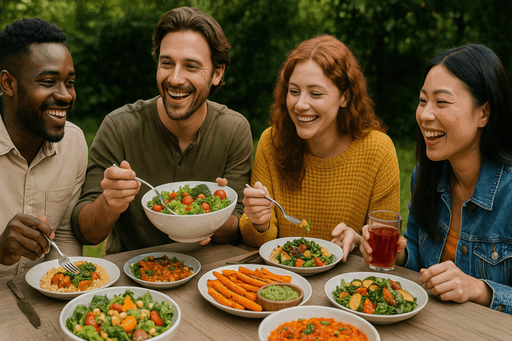 The Ultimate Healthy Meal Plan Guide for a Vibrant Plant-Based Lifestyle 7 Diverse group of friends enjoying a colorful, plant-based feast outdoors as part of a healthy meal plan.