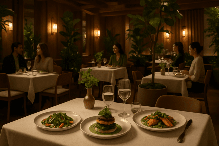 Elegant dining room with ambient lighting, wooden decor, green plants, and gourmet plant-based dishes, representing high-end vegetarian restaurants near you