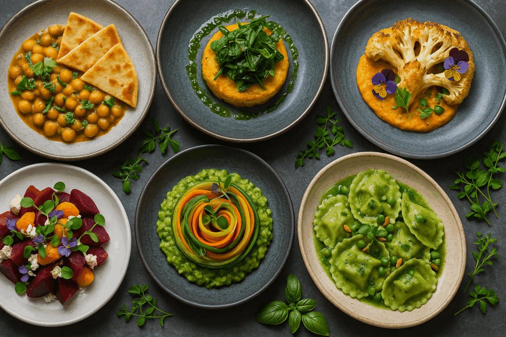 Elegant vegetarian dishes with global flavors, microgreens, and edible flowers as served at high-end vegetarian restaurants near you