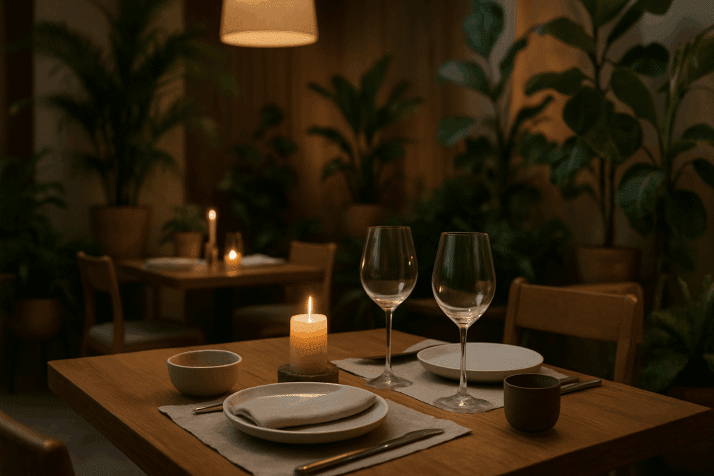 The Ultimate Guide to High-End Vegetarian Restaurants Near You: Discover Healthy, Plant-Based Dining Within 5 Miles 2 Candlelit dinner setup with linen napkins, wine glasses, and potted plants in a cozy setting typical of high-end vegetarian restaurants near you