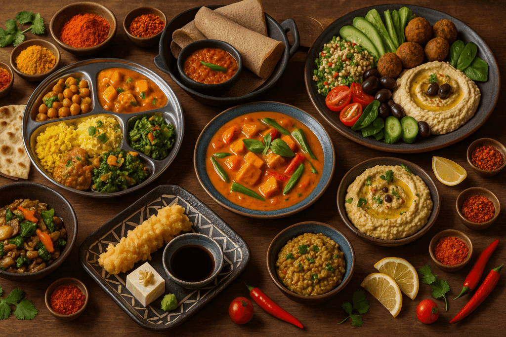 The Ultimate Guide to High-End Vegetarian Restaurants Near You: Discover Healthy, Plant-Based Dining Within 5 Miles 5 Colorful spread of global dishes on a wooden table at one of the high-end vegetarian restaurants near you, featuring Indian thali, Thai curry, Japanese kaiseki, Ethiopian stew, and Mediterranean mezze.