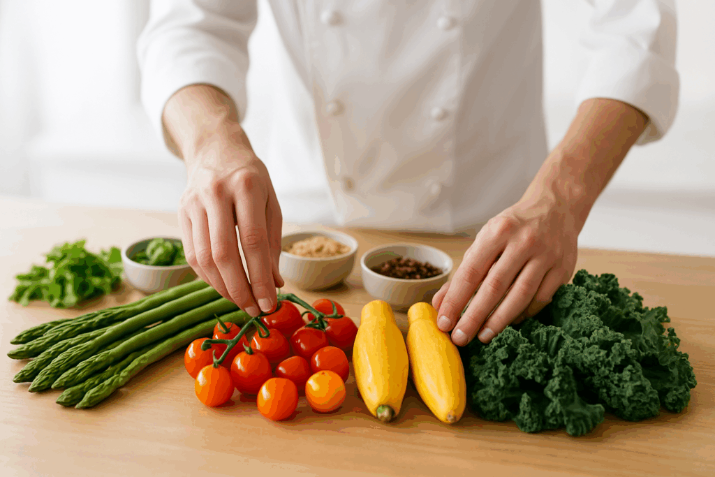 The Ultimate Guide to High-End Vegetarian Restaurants Near You: Discover Healthy, Plant-Based Dining Within 5 Miles 4 Chef arranging seasonal vegetables like asparagus, tomatoes, squash, and kale—fresh ingredients featured at high-end vegetarian restaurants near you.