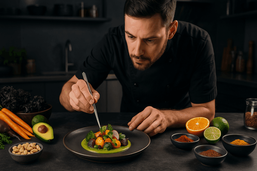 The Ultimate Guide to High-End Vegetarian Restaurants Near You: Discover Healthy, Plant-Based Dining Within 5 Miles 3 Chef plating gourmet plant-based dish in upscale kitchen with fresh ingredients, representing good vegetarian food near you