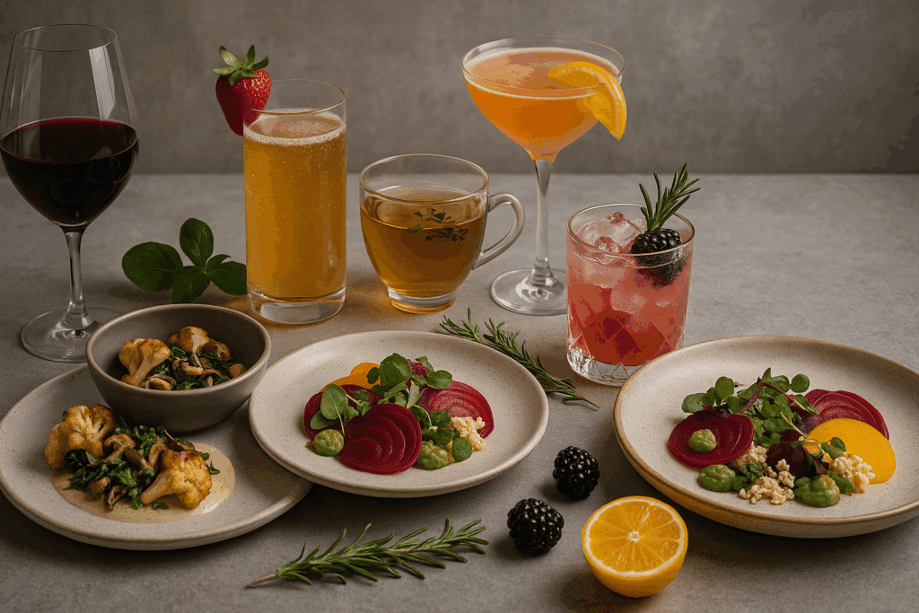 The Ultimate Guide to High-End Vegetarian Restaurants Near You: Discover Healthy, Plant-Based Dining Within 5 Miles 6 Elegant plant-based dishes with wine, herbal tea, and craft cocktails at a table setting typical of high-end vegetarian restaurants near you.