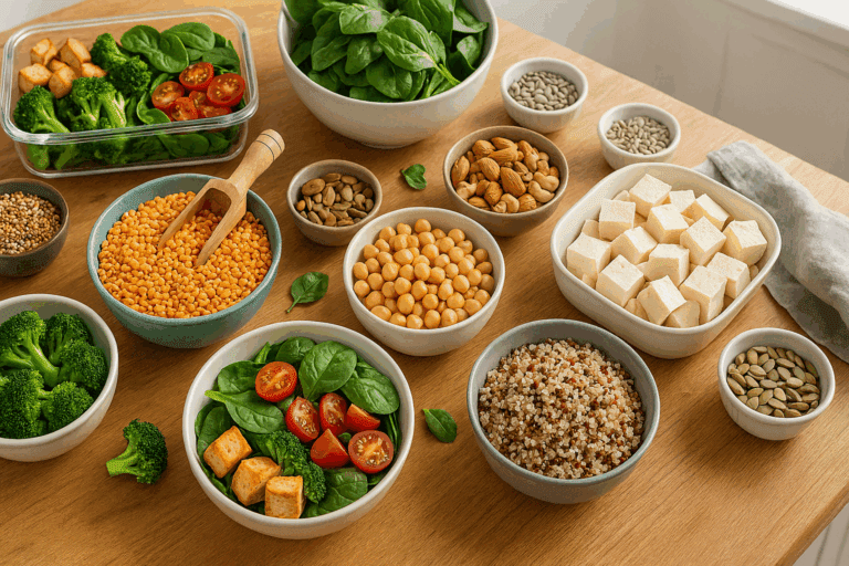 Overhead view of a high protein vegan diet plan with bowls of tofu, quinoa, lentils, chickpeas, leafy greens, nuts, and seeds on a wooden table.