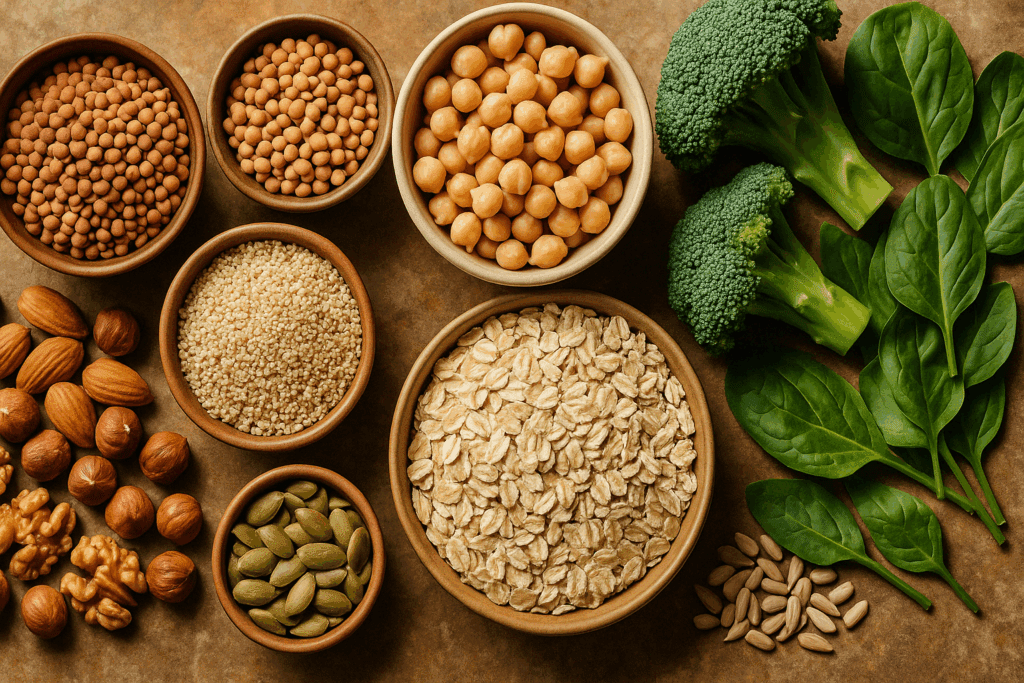 Overhead view of raw lentils, chickpeas, quinoa, oats, nuts, seeds, spinach, and broccoli on a rustic surface, illustrating key ingredients in a high protein vegan diet plan.