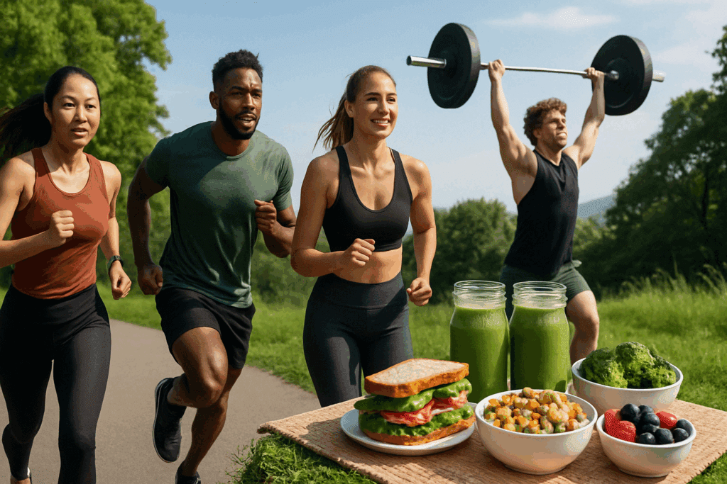 Diverse group of athletes training outdoors with plant-based meals in view, illustrating a high protein vegan diet plan for strength and endurance.