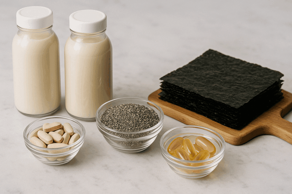 Essential foods and supplements in a high protein vegan diet plan, including plant-based milk, chia seeds, nori sheets, and vitamins on a marble counter.