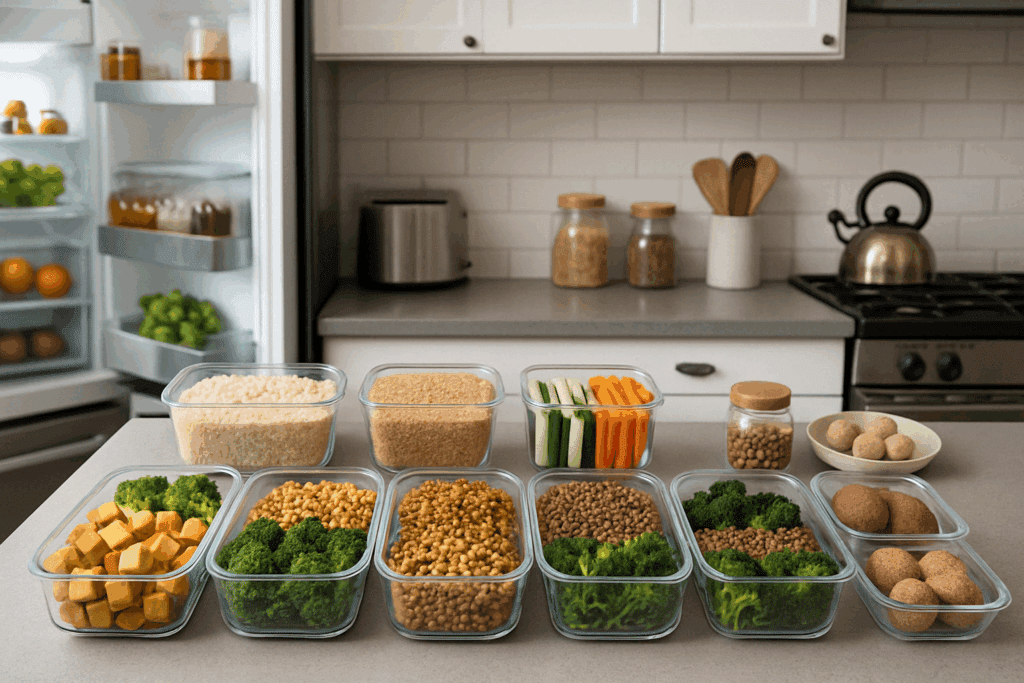 Organized kitchen counter with glass containers of tofu, legumes, grains, and greens for a high protein vegan diet plan.