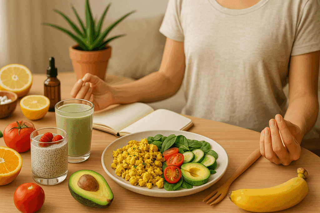 Person enjoying a balanced vegan breakfast with tofu scramble, chia pudding, and a green smoothie—part of a high protein vegan diet plan for hormonal and metabolic health.