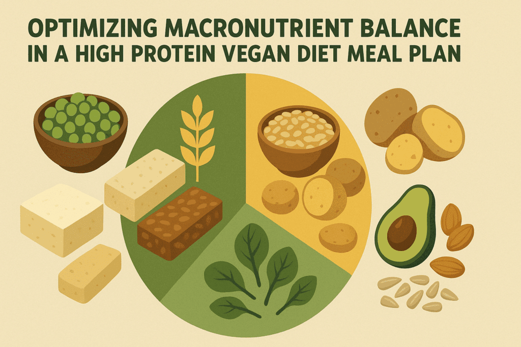 Infographic showing balanced food groups in a high protein vegan diet plan, including tofu, legumes, grains, potatoes, avocado, nuts, and seeds.