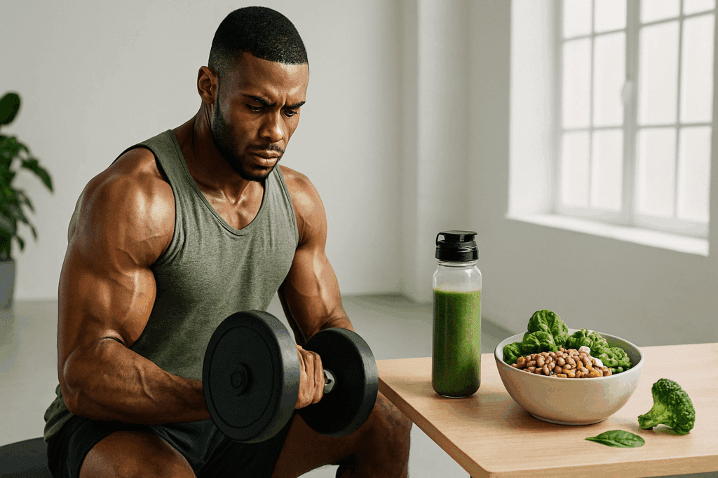Muscular vegan athlete lifting weights beside green smoothie and legumes as part of high protein vegan diet plan