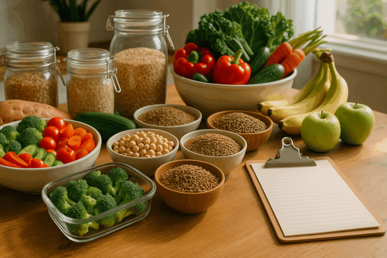 Whole-food plant-based spread with lentils, grains, fresh produce, and a grocery list, illustrating plant based eating on a budget