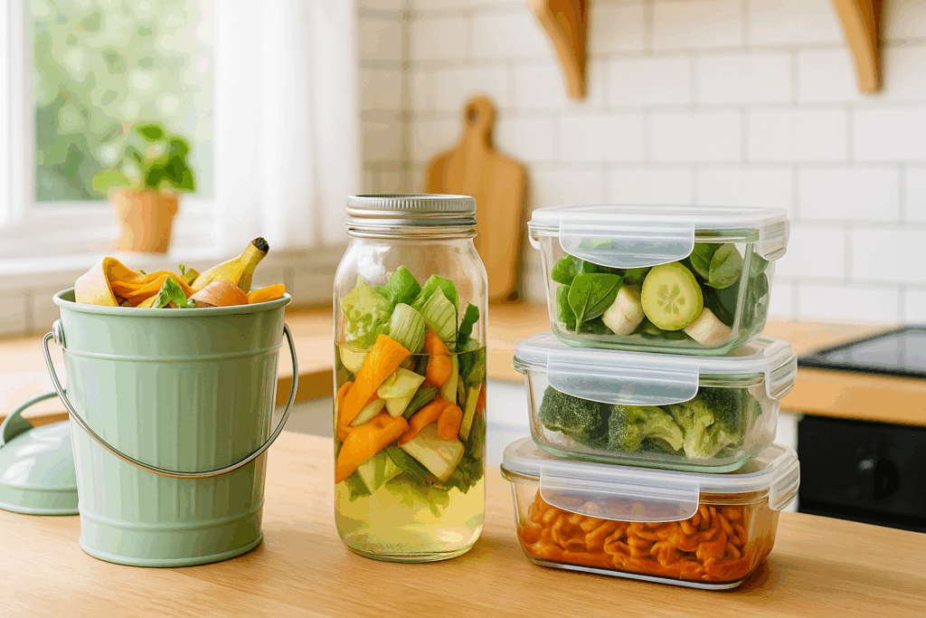 Smart Strategies for Plant-Based Eating on a Budget: How to Nourish Your Body Without Overspending 5 Cheerful kitchen counter with compost bin, vegetable scraps for broth, and frozen leftovers in glass containers showing smart techniques for plant based eating on a budget.
