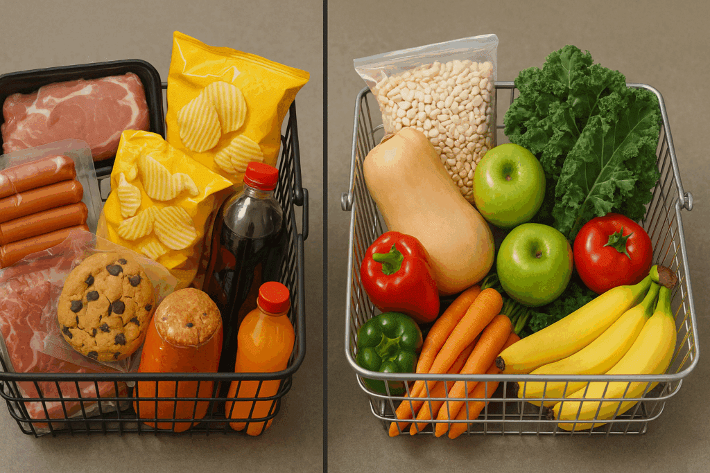 Smart Strategies for Plant-Based Eating on a Budget: How to Nourish Your Body Without Overspending 1 Side-by-side grocery baskets comparing processed foods with fresh produce, beans, and grains to illustrate plant based eating on a budget.