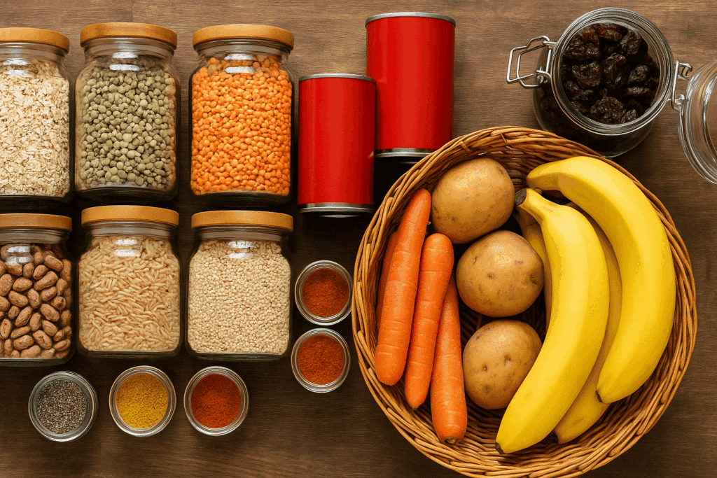 Smart Strategies for Plant-Based Eating on a Budget: How to Nourish Your Body Without Overspending 2 Top-down view of a budget-friendly plant-based pantry with grains, legumes, spices, canned goods, and fresh produce, illustrating plant based eating on a budget