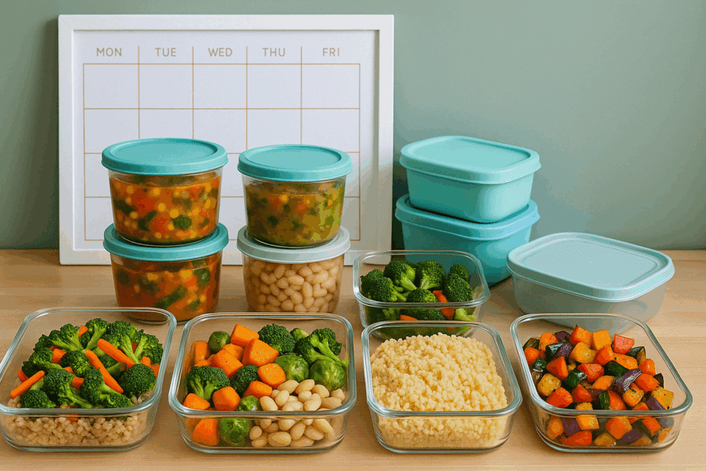 Smart Strategies for Plant-Based Eating on a Budget: How to Nourish Your Body Without Overspending 3 Colorful meal prep containers with soups, grains, beans, and vegetables on a counter, illustrating plant based eating on a budget.