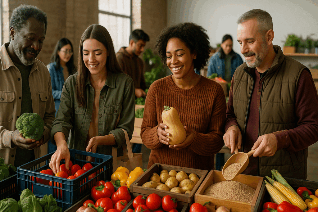 Smart Strategies for Plant-Based Eating on a Budget: How to Nourish Your Body Without Overspending 6 Diverse group of people selecting fresh produce at a community market, highlighting plant based eating on a budget.