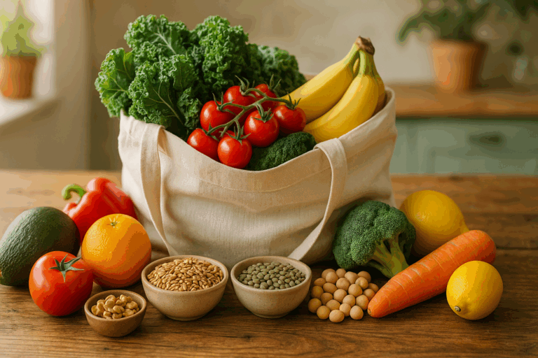 Reusable canvas bag filled with fresh fruits, vegetables, grains, and legumes on a wooden table, illustrating a plant based grocery shopping list.