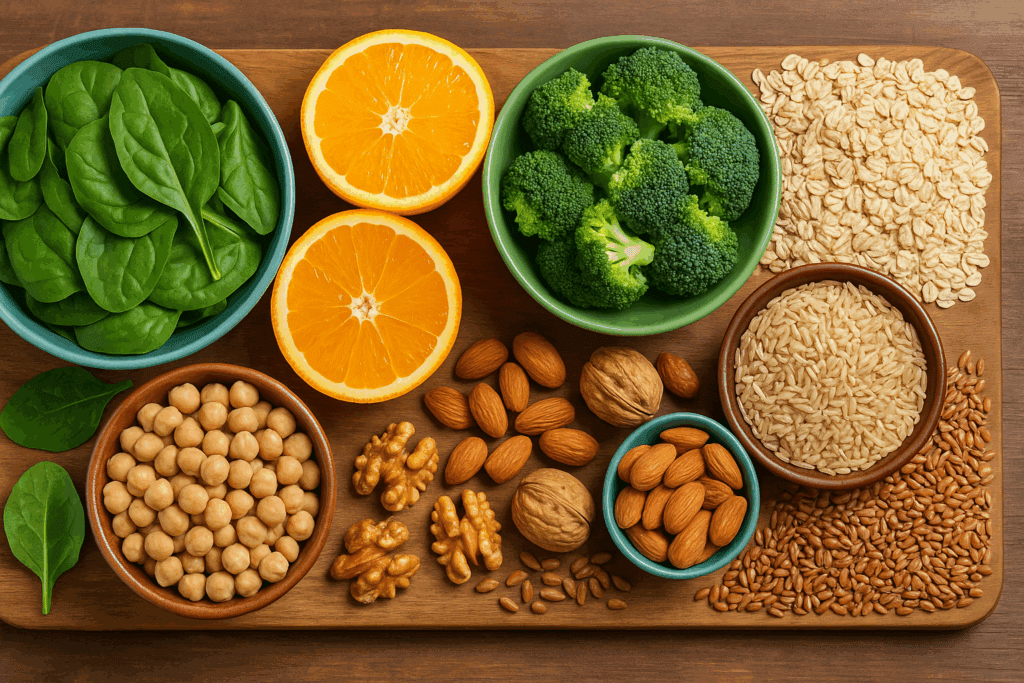 The Ultimate Plant-Based Grocery Shopping List: A Science-Backed Guide to Nourishing Your Health on a Vegan or Vegetarian Diet 1 Assorted nutrient-rich foods including leafy greens, oranges, legumes, nuts, and whole grains arranged on a wooden board for a plant based grocery shopping list