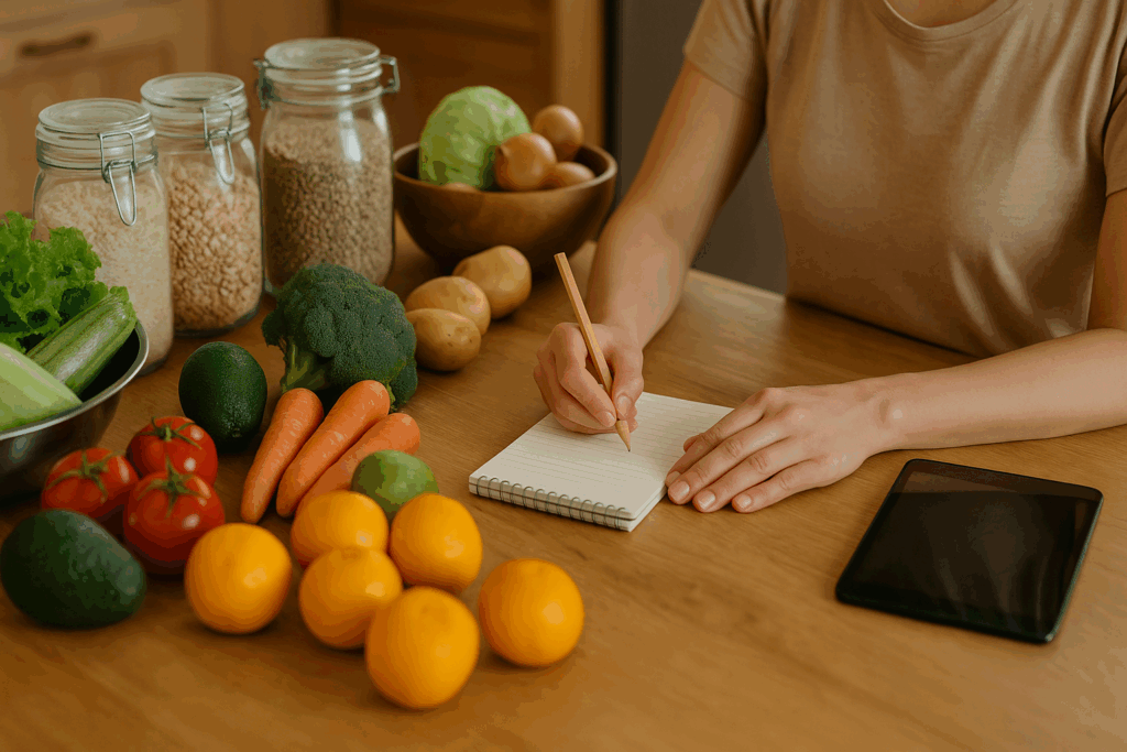 The Ultimate Plant-Based Grocery Shopping List: A Science-Backed Guide to Nourishing Your Health on a Vegan or Vegetarian Diet 4 Person writing a plant based grocery shopping list at a kitchen table surrounded by fresh vegetables, fruits, and bulk food containers