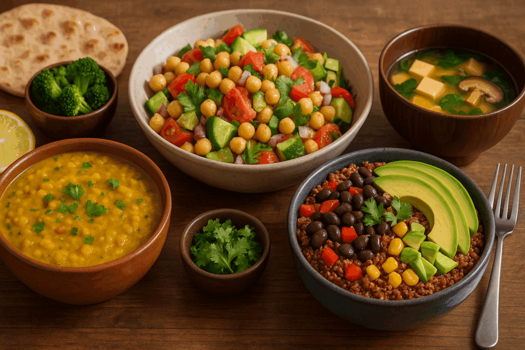 The Ultimate Plant-Based Grocery Shopping List: A Science-Backed Guide to Nourishing Your Health on a Vegan or Vegetarian Diet 7 Colorful plant-based dishes from a plant based grocery shopping list, including Indian dal, chickpea salad, quinoa bowl, and miso soup on a wooden table.