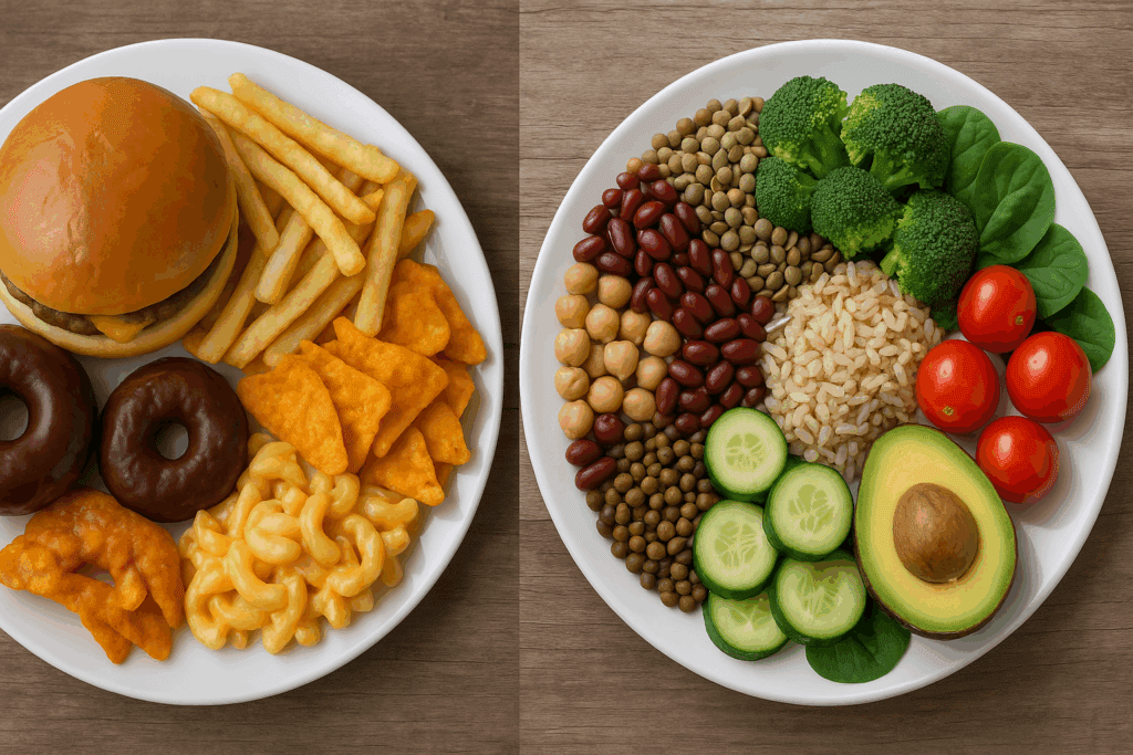 Creating a Vegan Diabetic Diet Meal Plan: Expert Tips, Science-Backed Nutrition, and a Free PDF Guide to Get You Started 1 Split-screen comparison of a processed food plate and a whole-food plate illustrating choices in a vegan diabetic diet meal plan.