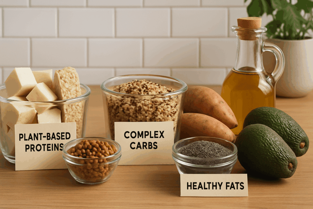 Creating a Vegan Diabetic Diet Meal Plan: Expert Tips, Science-Backed Nutrition, and a Free PDF Guide to Get You Started 2 Realistic kitchen counter with tofu, tempeh, lentils, quinoa, sweet potatoes, avocados, olive oil, and chia seeds arranged for a balanced vegan diabetic diet meal plan