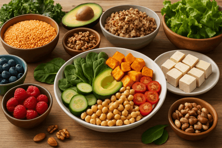 Colorful vegan diabetic diet meal plan with quinoa, lentils, leafy greens, tofu, avocados, berries, and nuts on a wooden table.