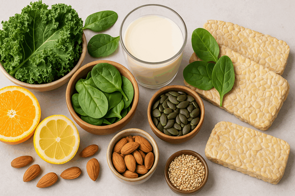 Creating a Vegan Diabetic Diet Meal Plan: Expert Tips, Science-Backed Nutrition, and a Free PDF Guide to Get You Started 3 Assorted plant-based foods including leafy greens, citrus fruits, almonds, seeds, tempeh, and fortified plant milk arranged on a neutral surface, representing a balanced vegan diabetic diet meal plan.