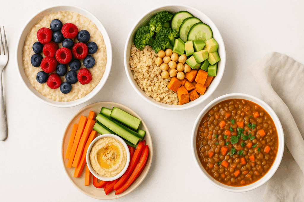 Creating a Vegan Diabetic Diet Meal Plan: Expert Tips, Science-Backed Nutrition, and a Free PDF Guide to Get You Started 4 Four colorful meals from a vegan diabetic diet meal plan, including oatmeal with berries, quinoa bowl, veggie snack with hummus, and lentil stew.