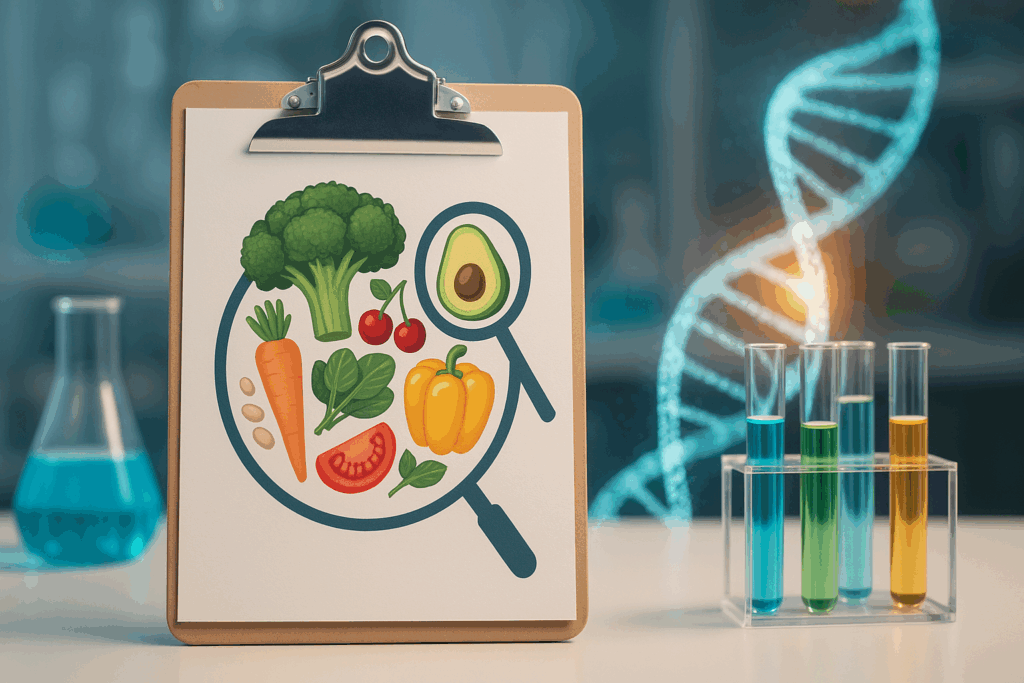 Creating a Vegan Diabetic Diet Meal Plan: Expert Tips, Science-Backed Nutrition, and a Free PDF Guide to Get You Started 6 Scientific lab scene analyzing plant foods for a vegan diabetic diet meal plan, with colorful vegetables, test tubes, and DNA strand