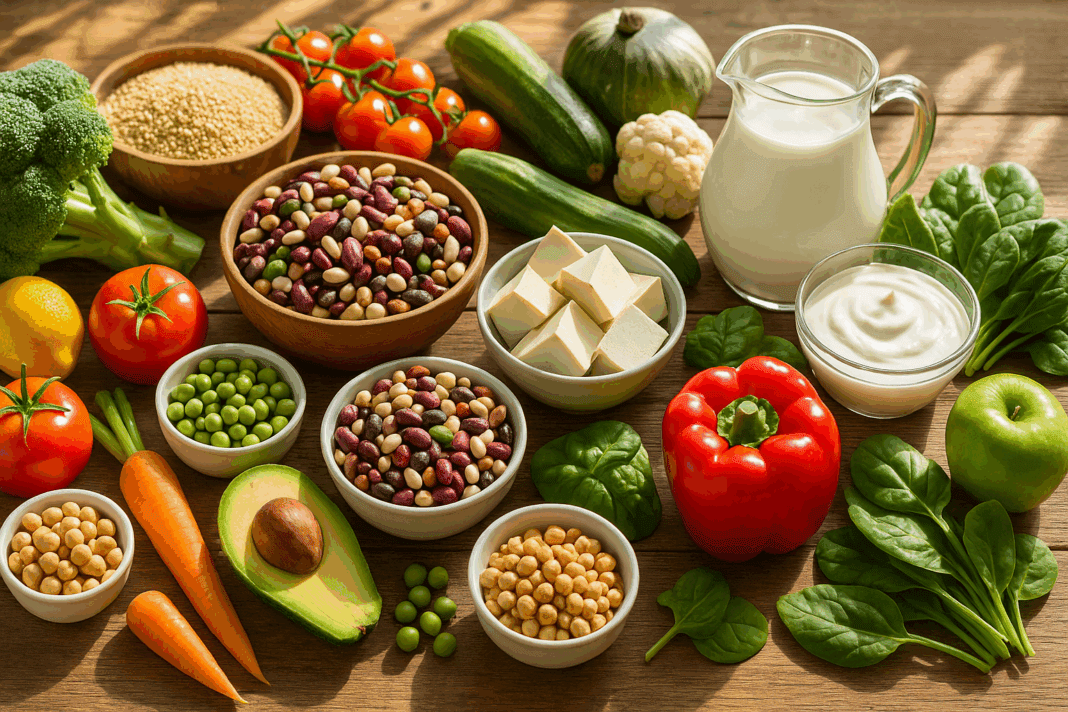 Assortment of fresh vegan food products including colorful vegetables, legumes, grains, and plant-based dairy on a rustic wooden table in sunlight